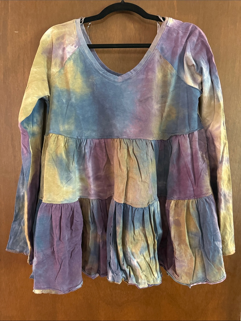 Oddi Tie-Dye V-Neck Tiered Long-Sleeve Top - Multi